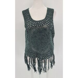 Earthbound Cropped Crochet Women Tank Top Large Sheer Dark Green Fringe Boho NEW